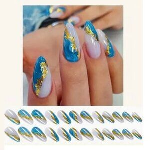 NWT ** HOST PICK **  Press On Nails Fall Deep Aqua Gold White Fake False Nails